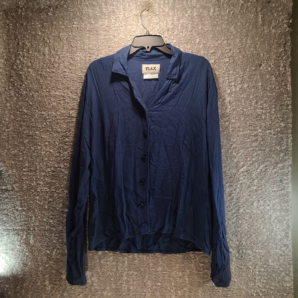 Flax Women's Blouse Shirt M Lagenlook Blue Button Up Long Sleeve Rayon